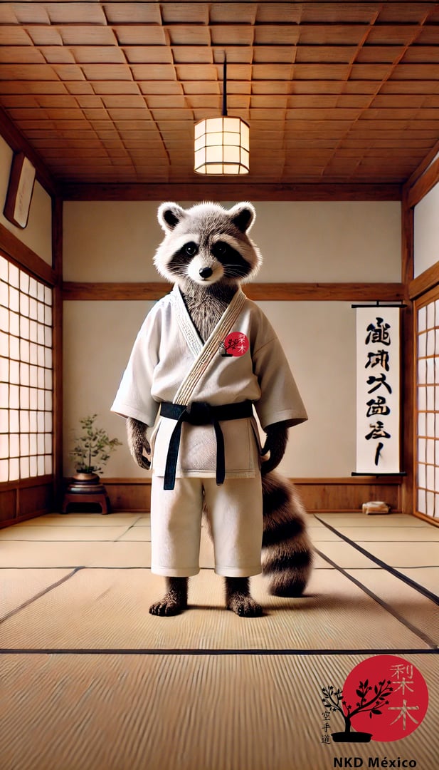A raccoon wearing a karate gi stands in a traditional dojo with wooden floors and sliding doors, featuring a scroll on the wall.