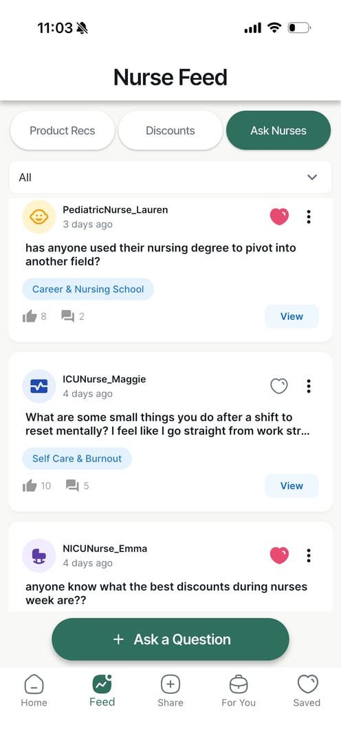 NursePerks feed screen showing nurse recommendations