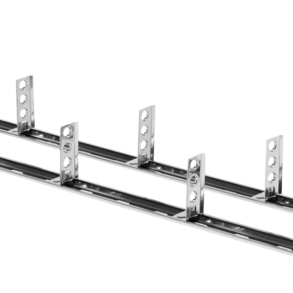 Metal support structure with vertical brackets and holes, used for shelving or construction purposes.