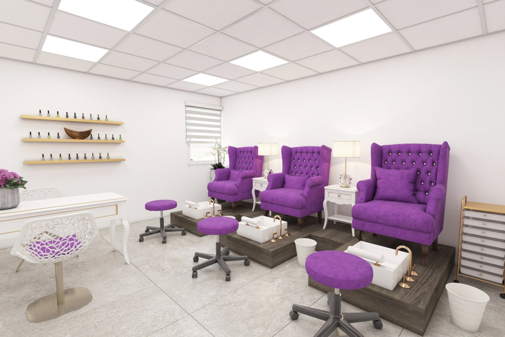 Stylish and modern nail salon interior with luxurious purple chairs and bright lighting, perfect for pampering.