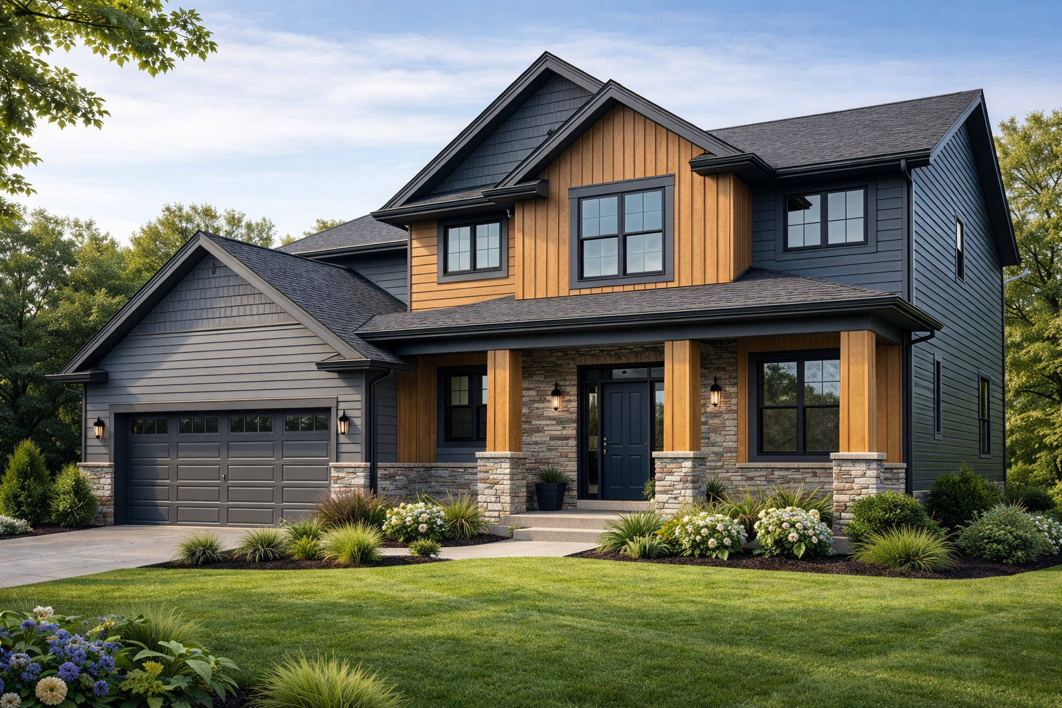 Luxury vinyl siding modern suburban home