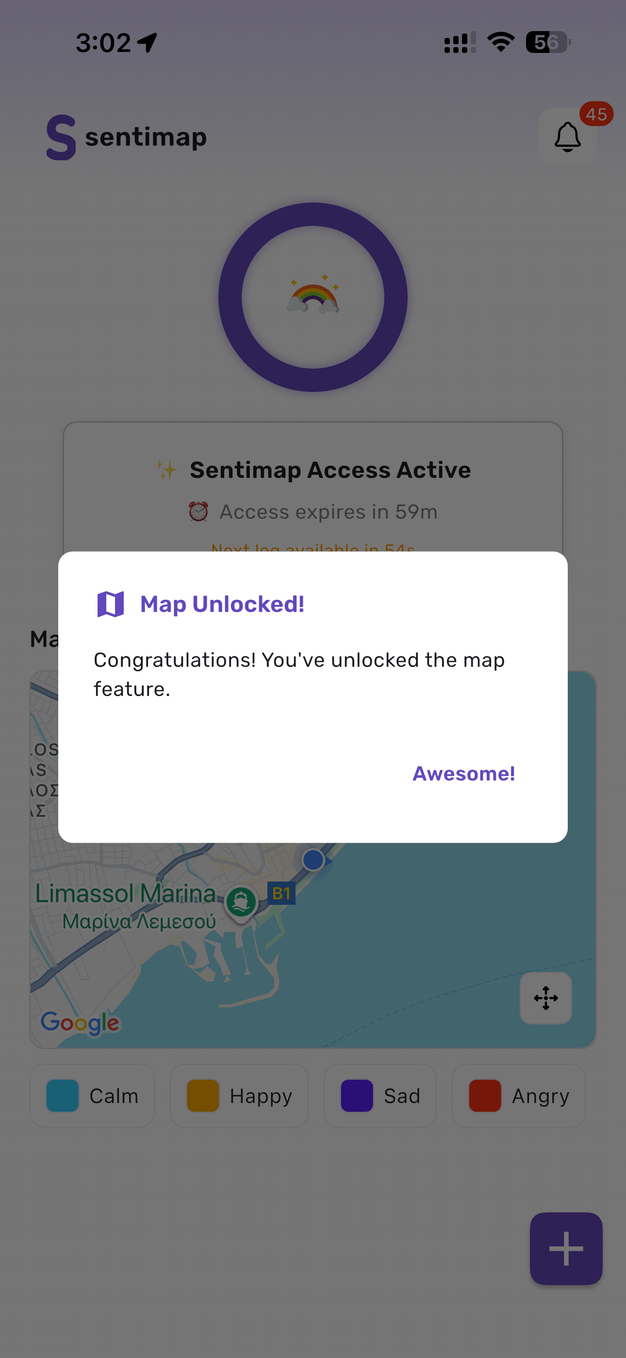 Sentimapp emotion map screen