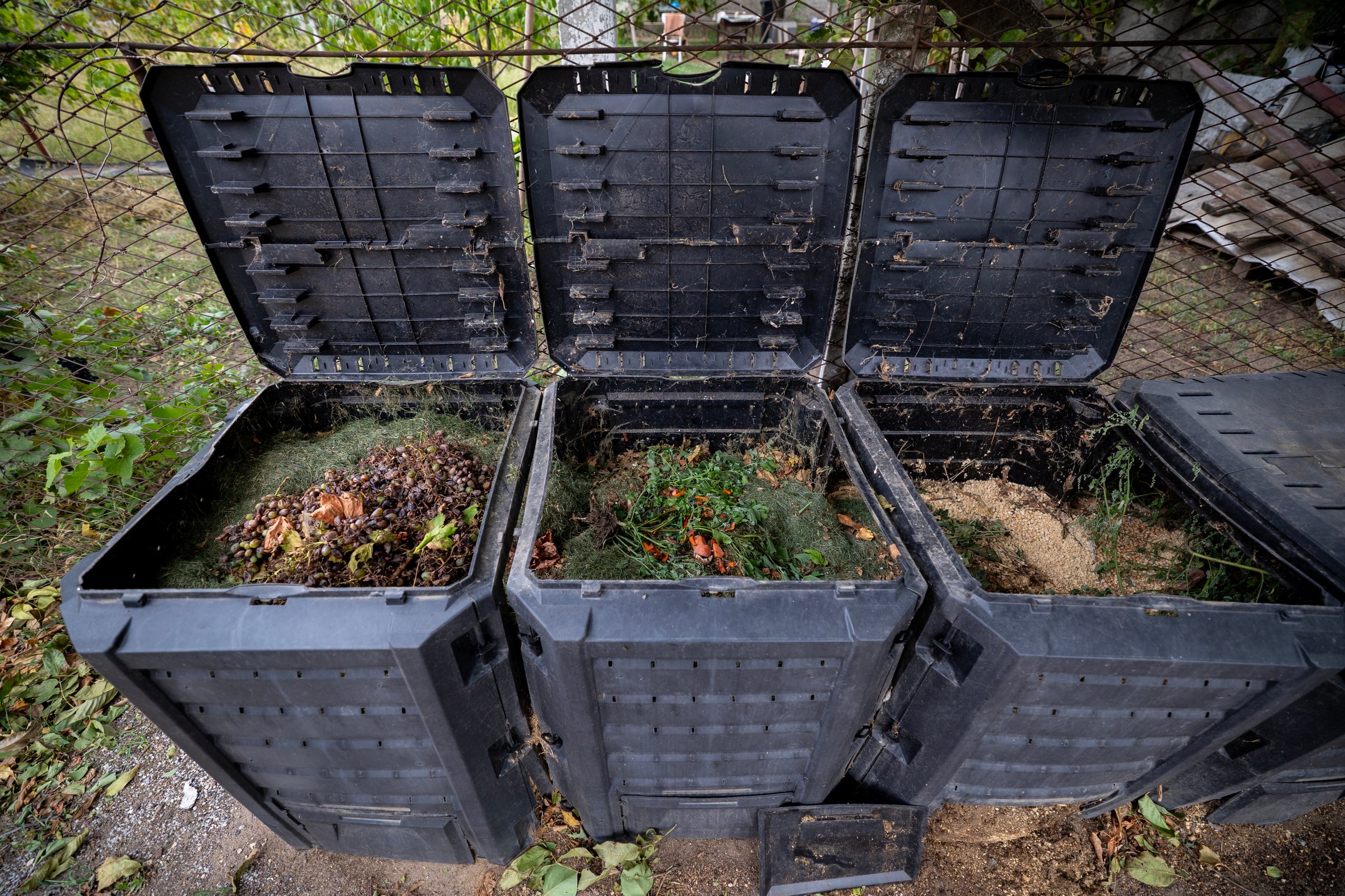 A black compost bins stand in a row on the ground, each filled with various organic waste: leaves, branches, food scraps. The lids are open. Recycling of household food or other organic waste.