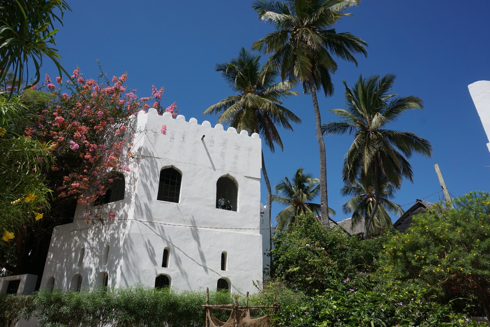 Traditional swahili house surrounded by lush vegetation in Shela, Lamu Island, Kenya