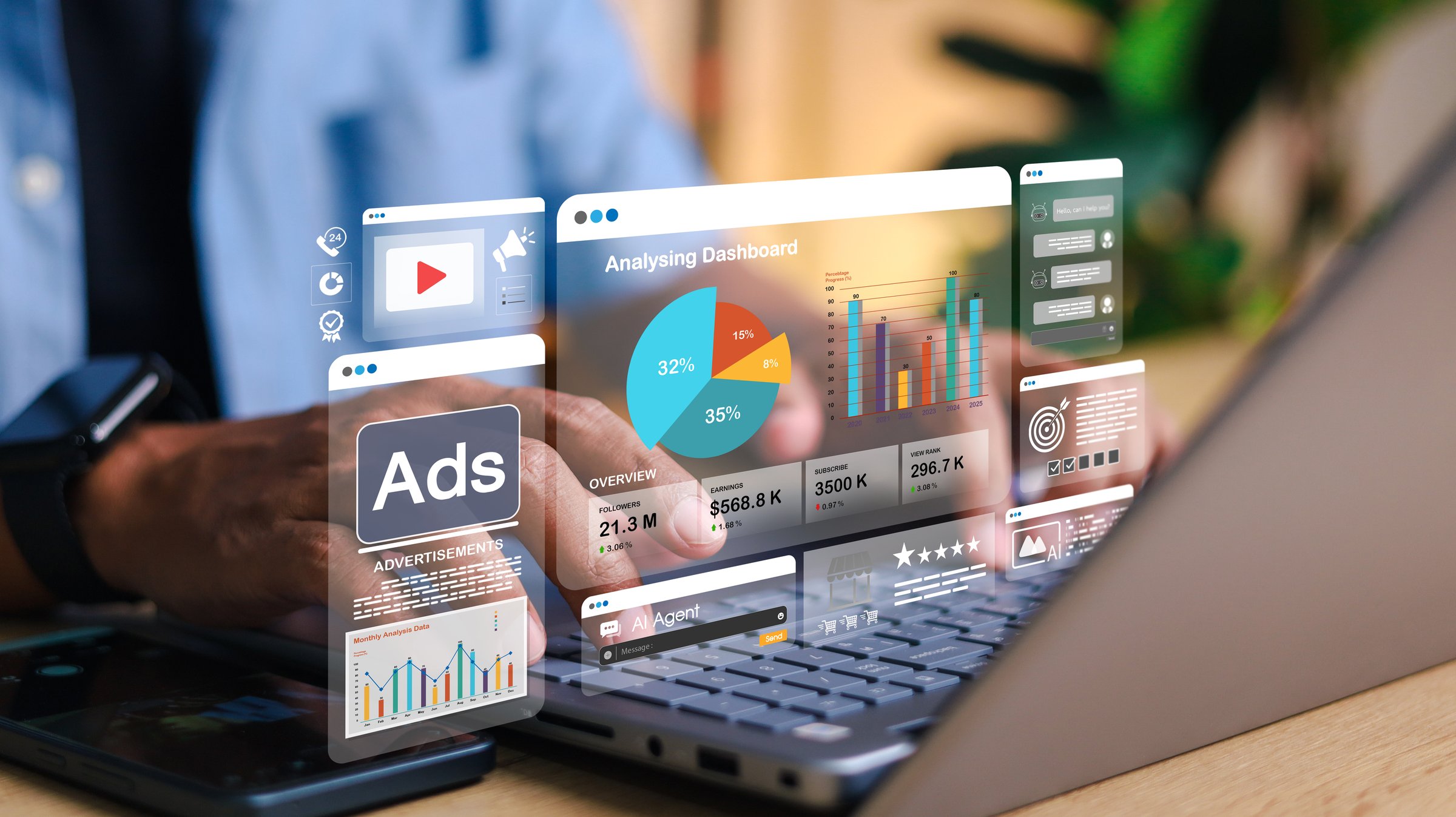 Marketer using digital marketing dashboard with charts, pie graphs, organization chart, and performance data. Concept of business analytics and strategic planning.