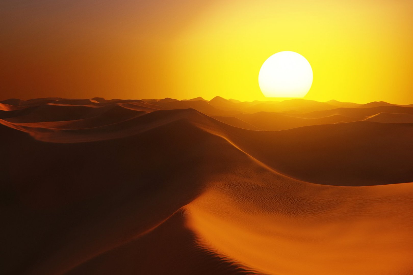 Peaceful evening in the Sahara. The sun hangs low in a clear orange sky, casting a warm glow over endless sand waves.