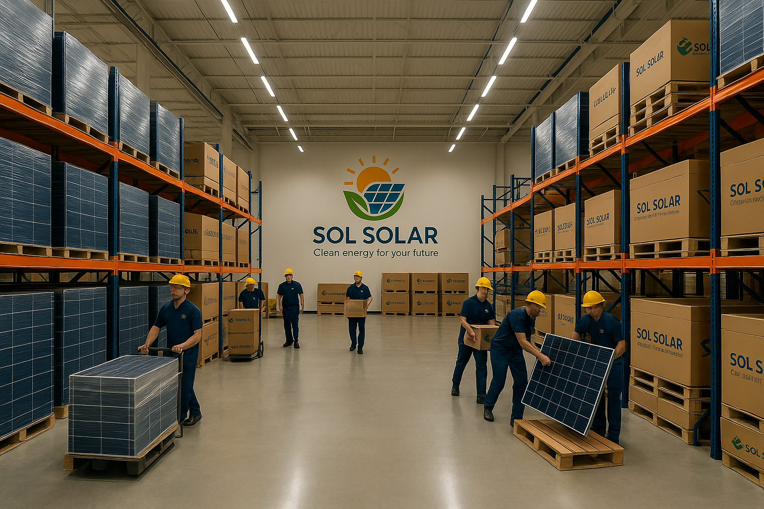 Workers in a warehouse stacking solar panels on pallets, surrounded by large boxes and a Sol Solar logo on the wall.