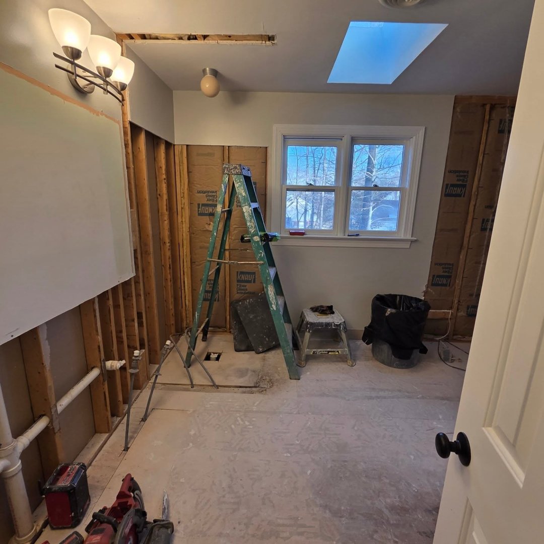 Blue vertical subway tile shower Toledo Ohio