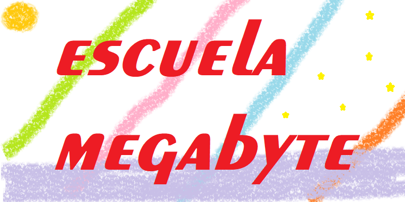 Colorful text design with "Escuela Megabyte" in red, surrounded by multicolored crayon-style lines and stars.