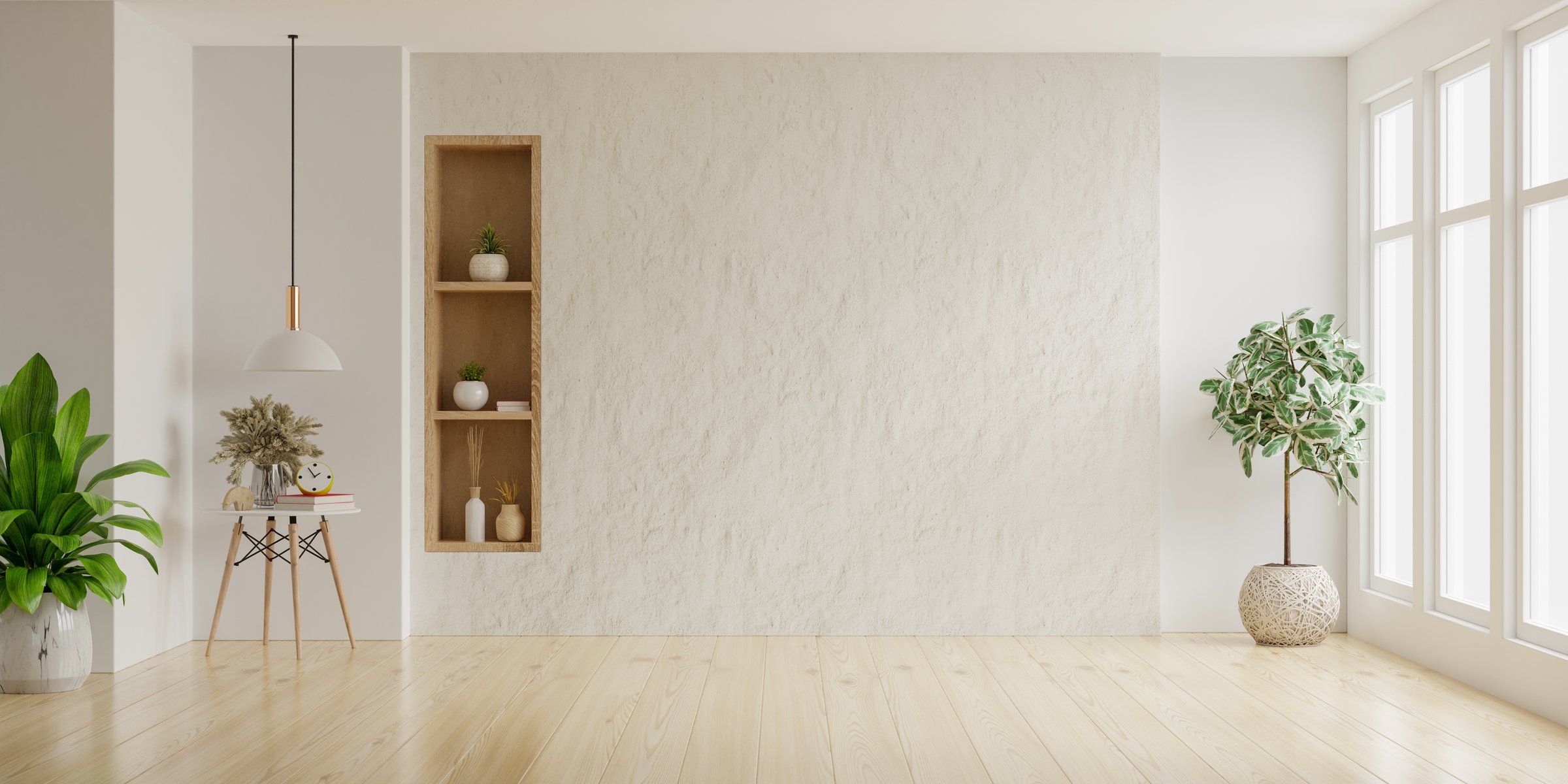 Empty living room minimal,Modern Scandinavian and minimalist living room interior- 3D rendering