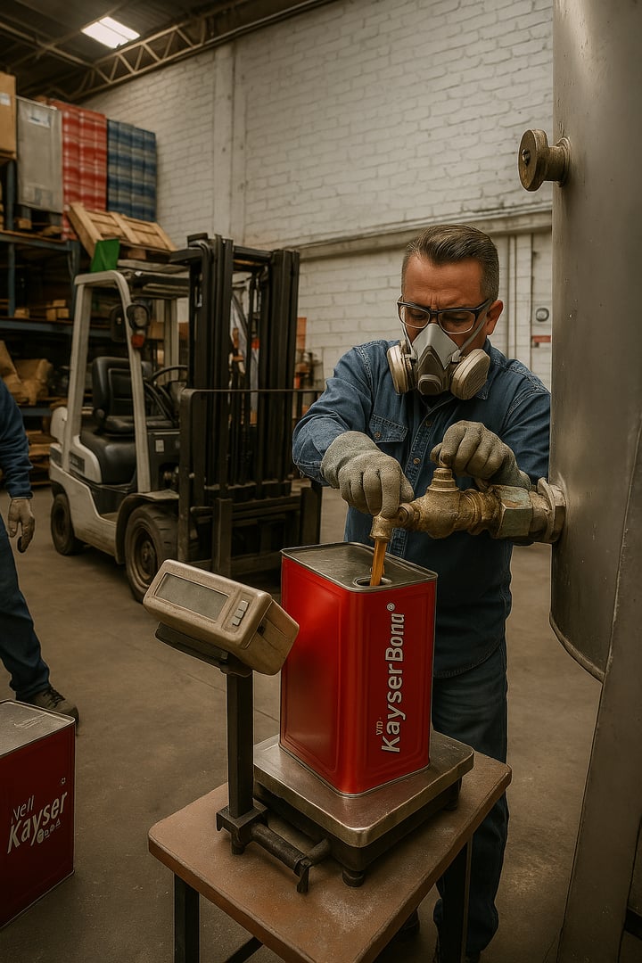 Worker with a face mask fills a red container labeled Kayser Bondor from a large metal tank in an industrial warehouse.
