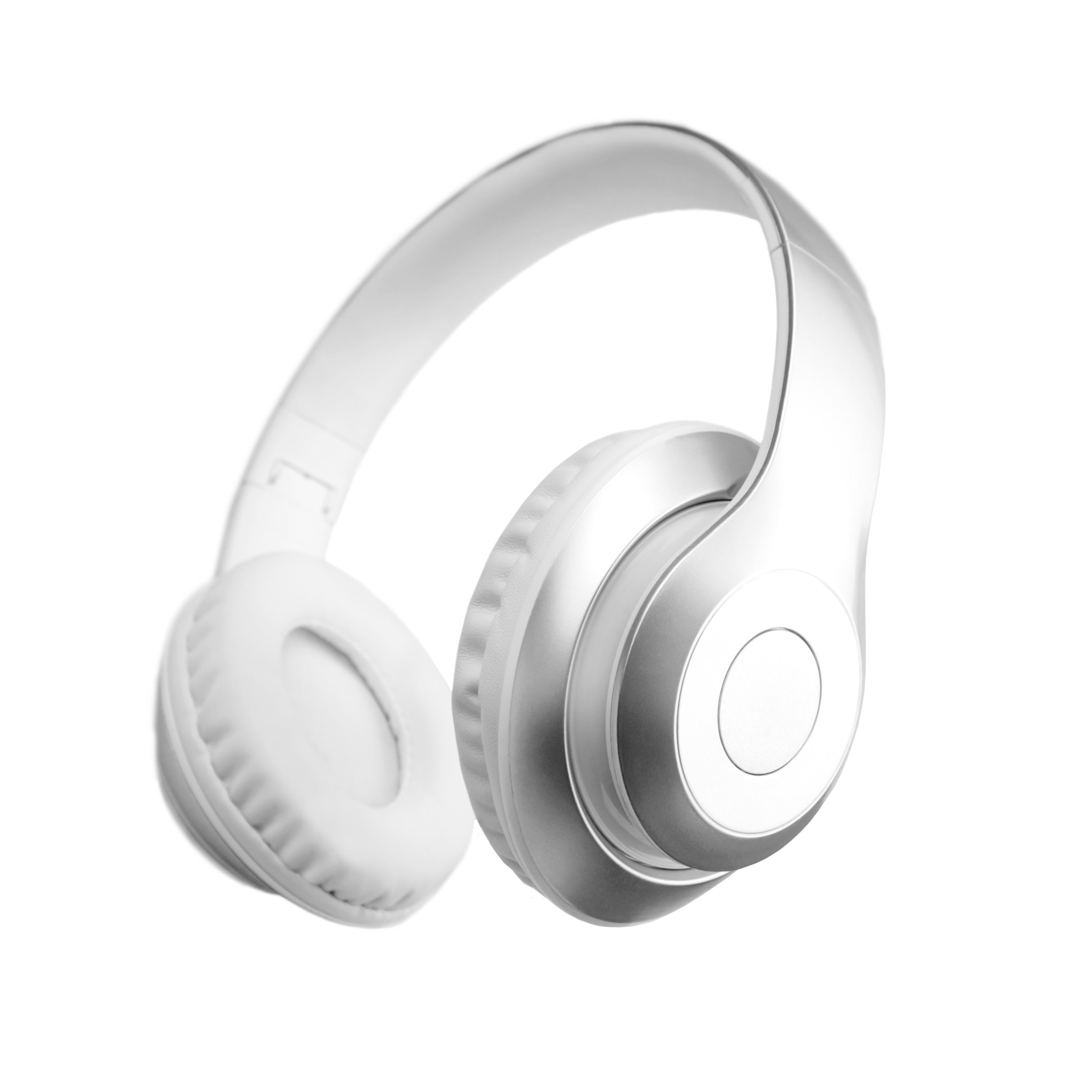 Silver metallic white wireless headphones in the air isolated on white background. Trendy minimal music device flying levitation concept of accessories. New technologies. Closeup high resolution
