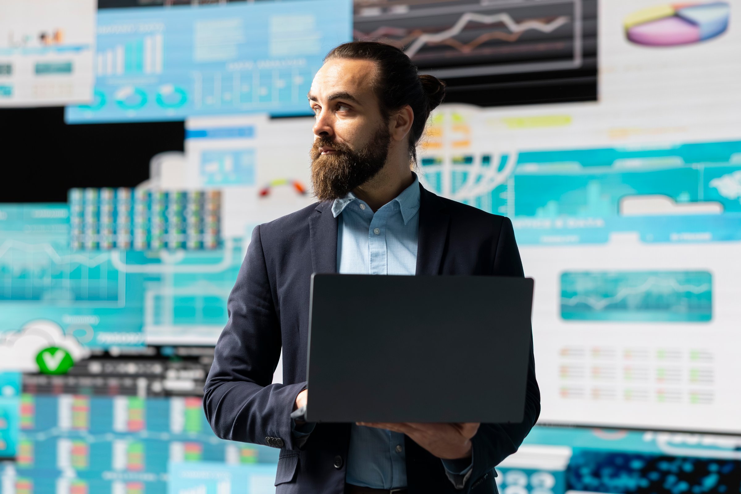 General director reviews digital graphs and business insight to improve new strategy models for successful development decisions. Optimizing performance with fintech and insightfulness.