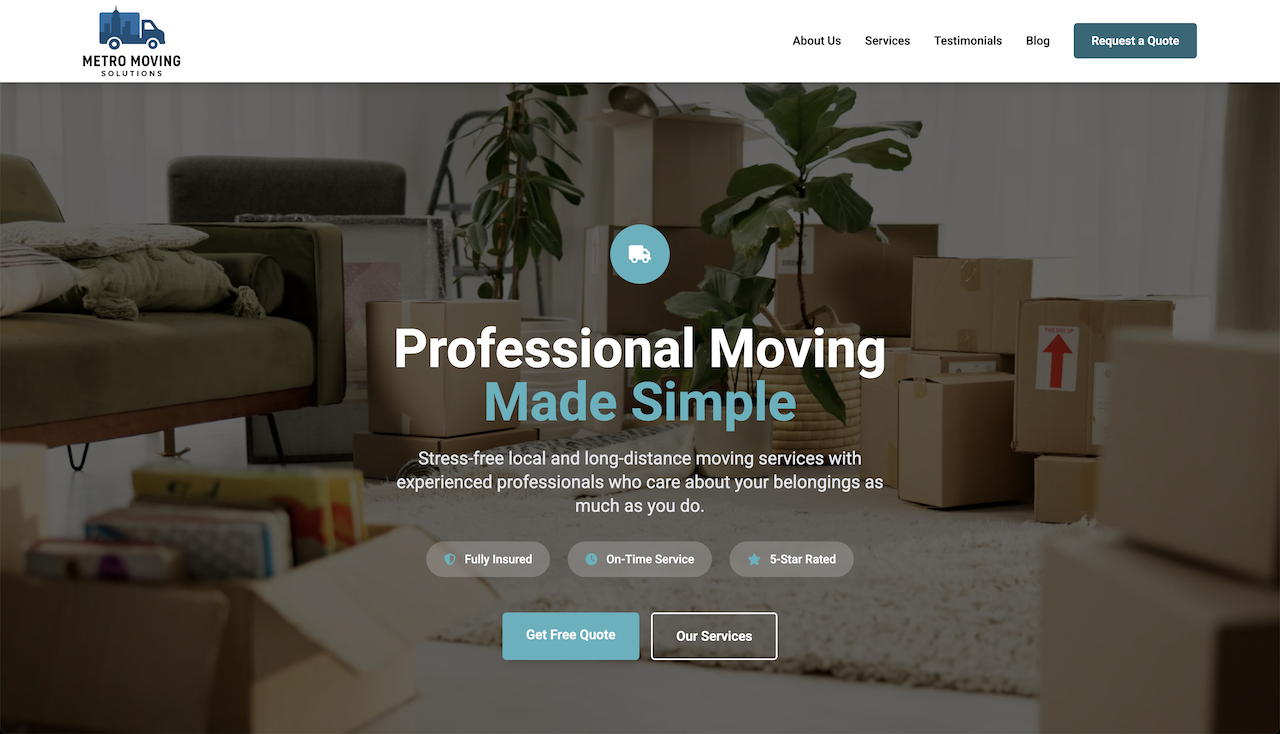 Screenshot of example moving company website