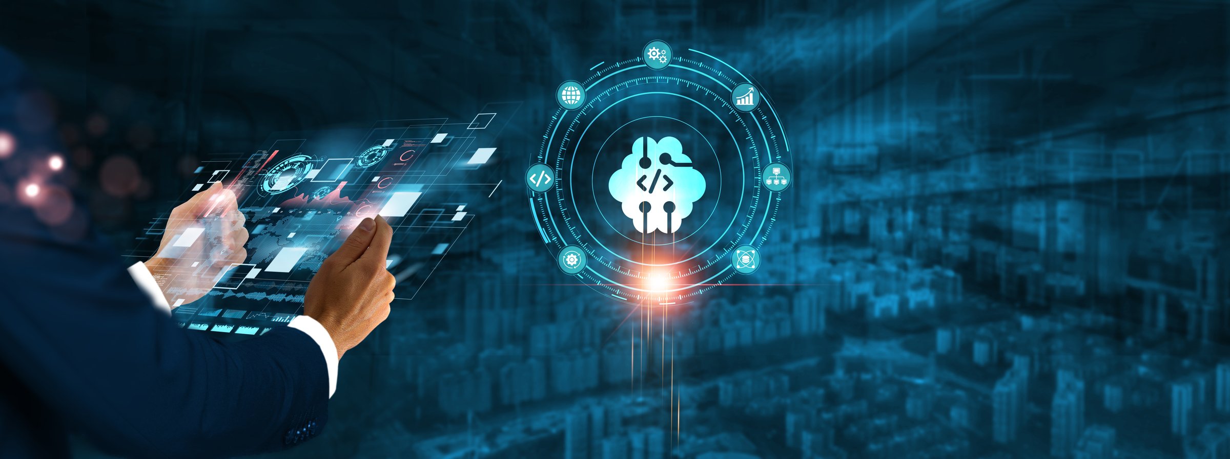 Low-Code No-Code AI: Businessman holding virtual interface panel of digital device on global networking, innovation, artificial intelligence, and streamlined development technology in futuristic.