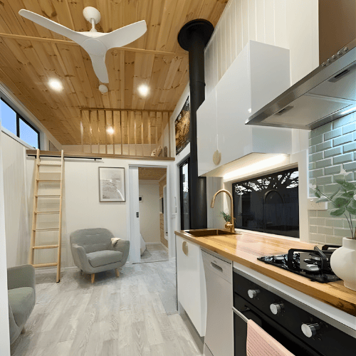 Quay Tiny Homes 2 Bed Coastal model interior showcasing the spacious living area with VJ lining walls