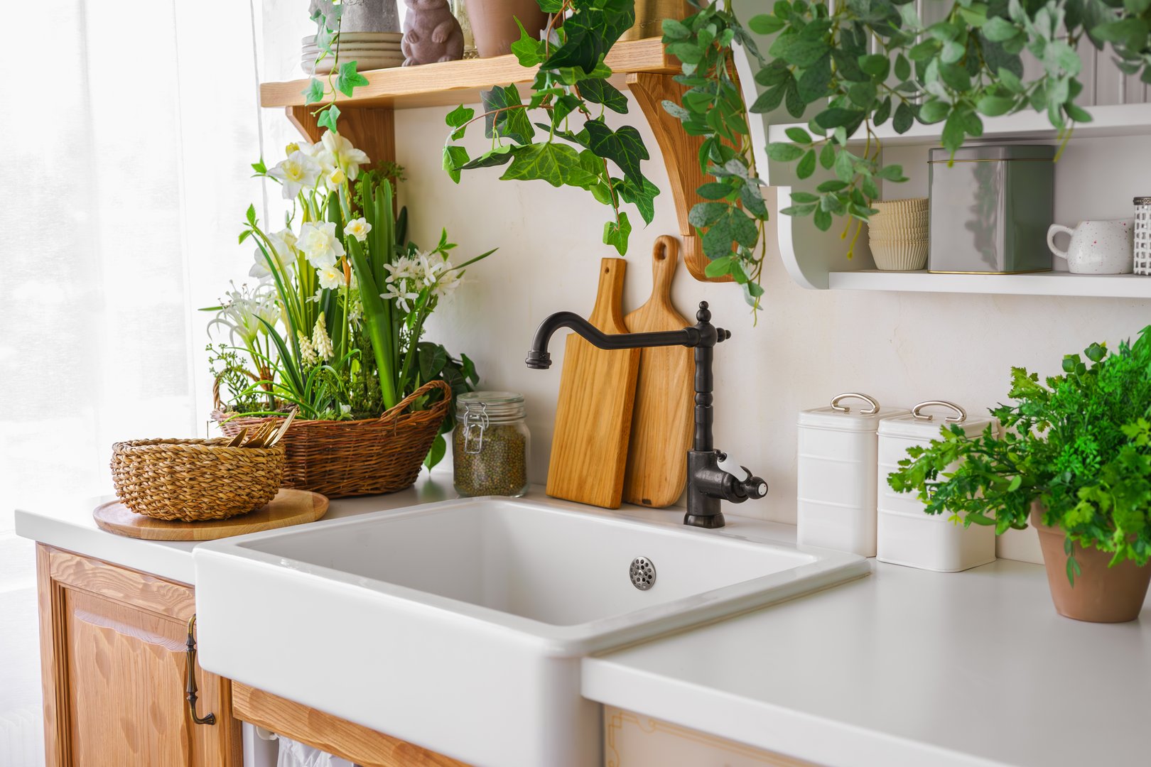 Bright kitchen corner with white sink surrounded by fresh greenery and wooden shelves. Woven basket holds vegetables, while jars and plants enhance inviting atmosphere of home interior, domestic life