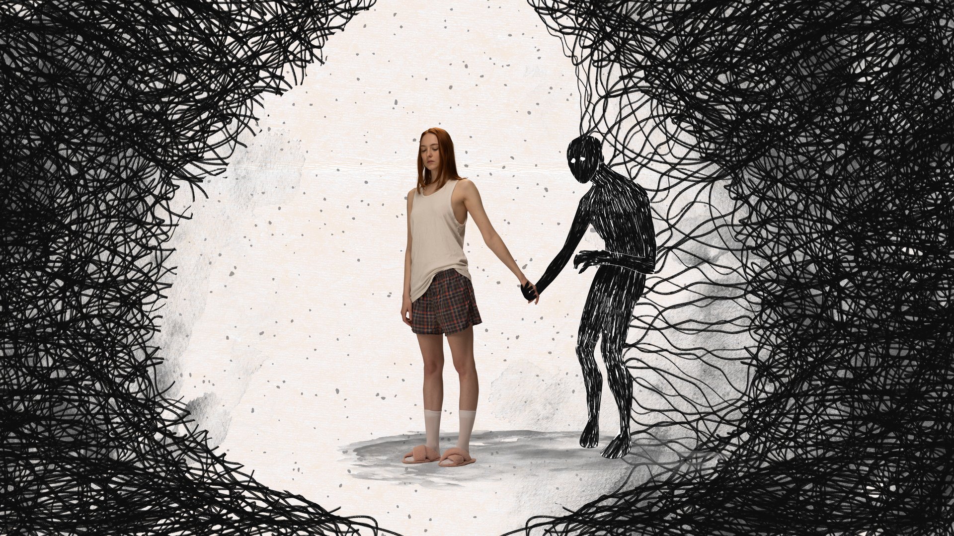 Young depressed, tired, stressful woman suffering from darkness and fears. Contemporary art collage. Concept of mental health, inner world, psychology, feelings. Conceptual design