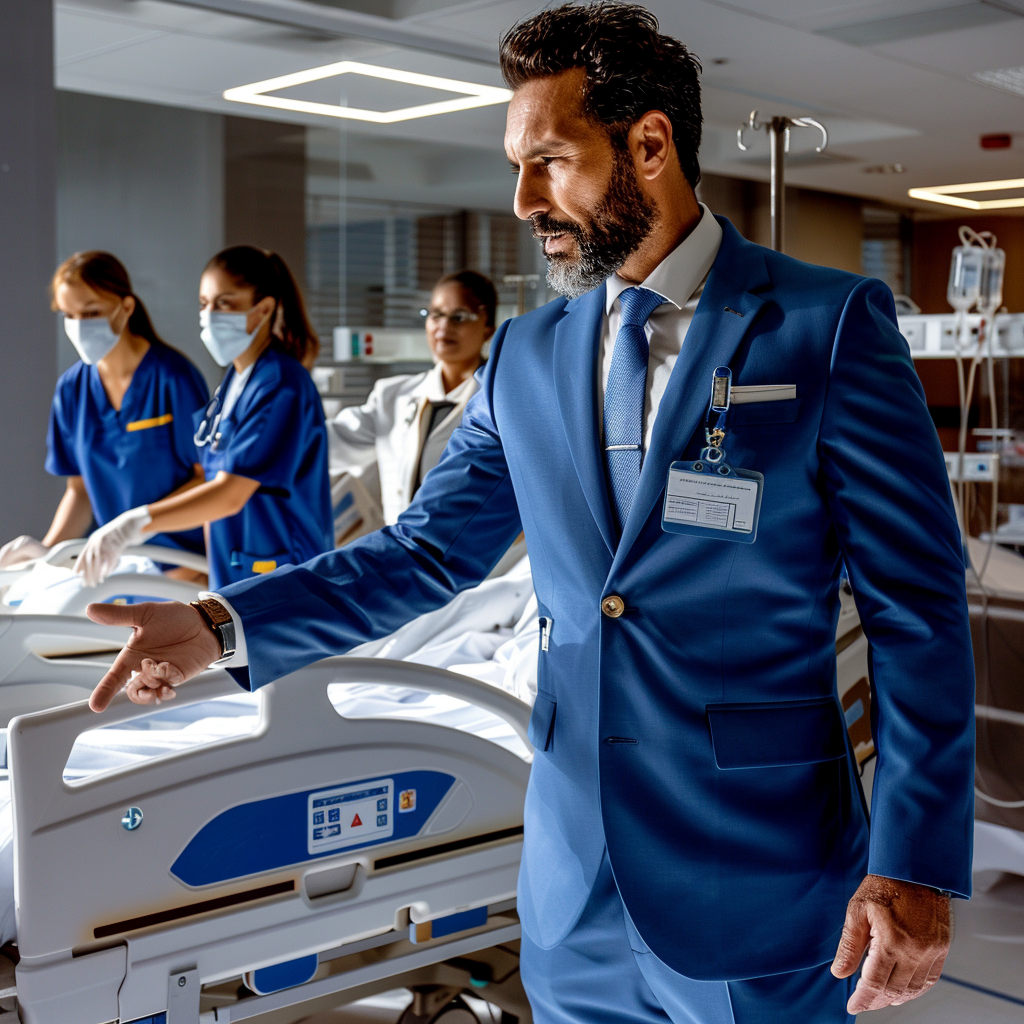 A man in a blue suit gestures while standing by a hospital bed, with nurses attending to a patient in the background.