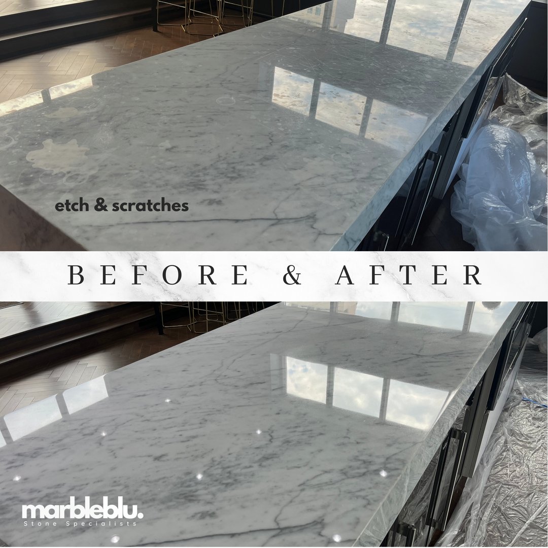 Before and after marble countertop repair and restoration