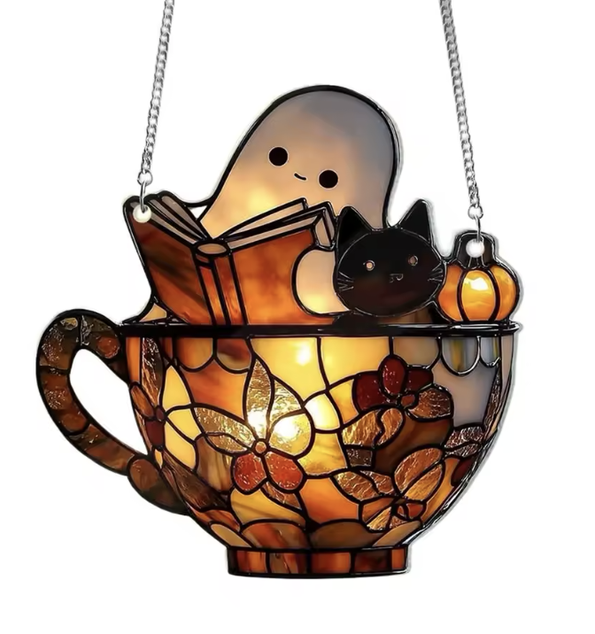 Halloween Ghost Reading Book with Cat Window Ornaments