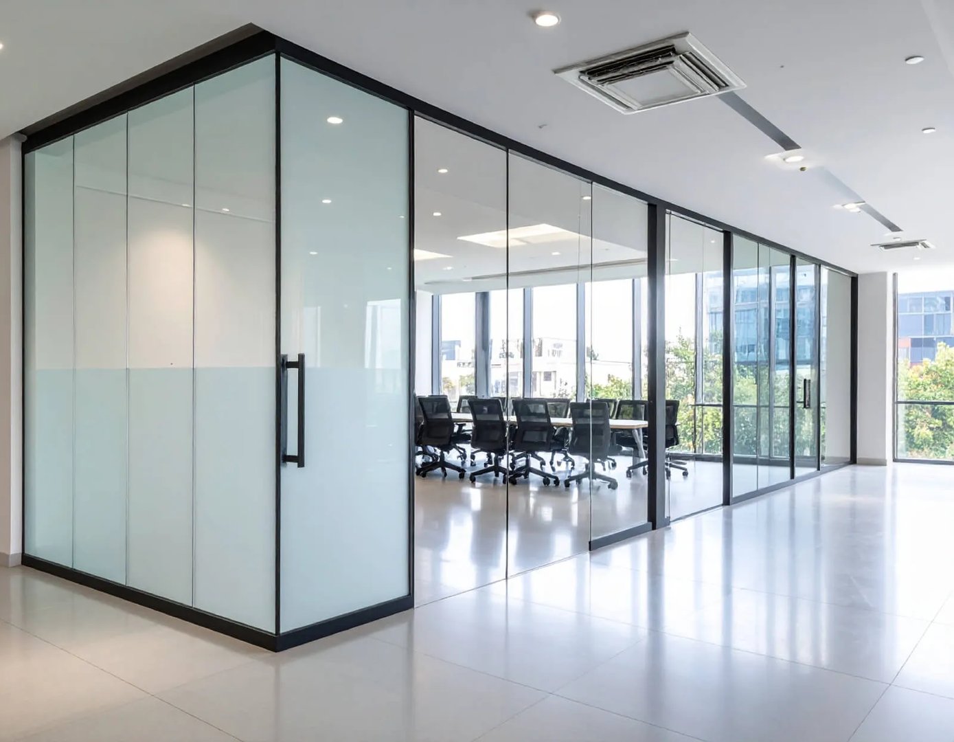 Modern meeting room with switchable glass wall