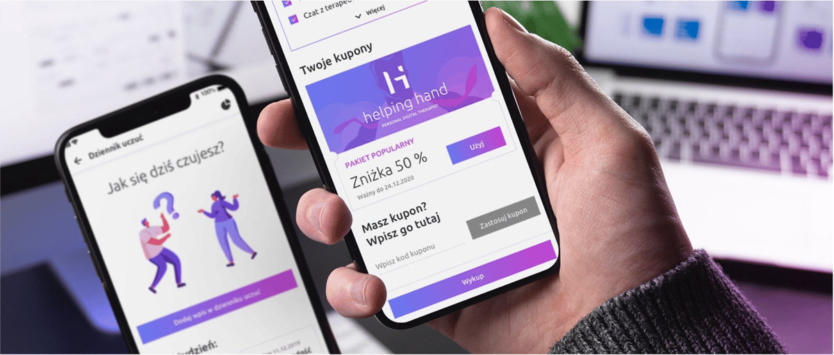Close-up of two smartphones: one hand holds a phone displaying the "helping hand" digital therapist app showing available coupons and a 50% discount. The second phone, in the background, displays a Polish mood journal asking "Jak się dziś czujesz?" ("How are you feeling today?").