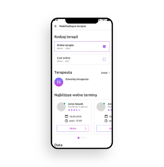 A smartphone displaying a therapy booking app in Polish, with form fields for therapy type, therapist, and a list of available appointment times and dates.