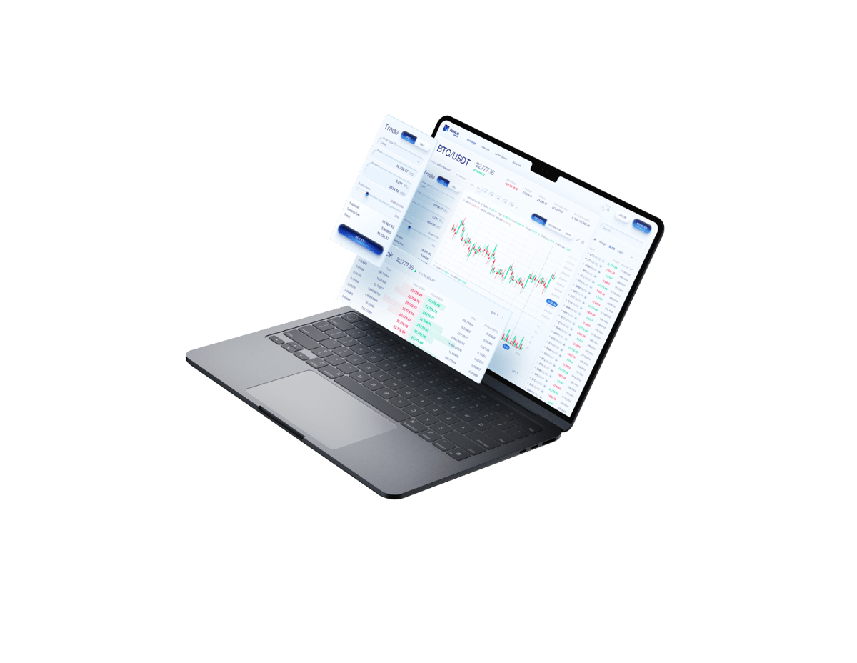 Obi_casestudy_1a | Iterators A sleek laptop floating on a white background with multiple overlapping app screens showing a cryptocurrency trading interface with charts, prices, and trade details.