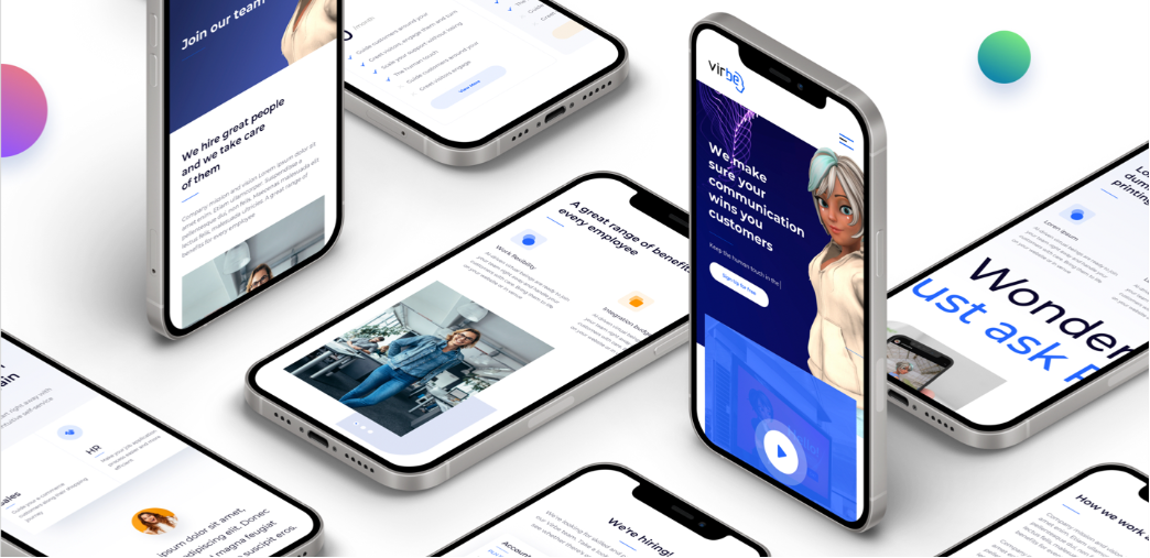 Virbe_case_study | Iterators A collection of modern smartphones arranged diagonally, each displaying various screens from the Virbe website or app, including employee benefits, hiring, and communication solutions, with a digital avatar and blue branding accents.