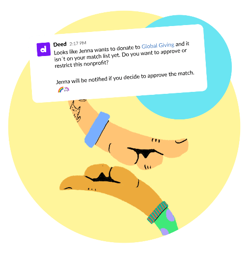 A cheerful illustration with an abstract background, featuring a notification message about approving a nonprofit donation on Deed, above playful illustrated hands and colorful circular elements.