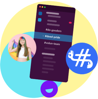 Illustration of a chat application interface with hashtags such as #do-gooders, #deed-pride, and #volun-team, set against playful circles and an image of a young person holding a rainbow pride flag, with a blue hashtag icon nearby.
