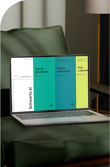 image 14 | Iterators A laptop sitting on a green leather armchair displays a user interface with three colorful columns labeled "See all documents," "Review a document," and "Post a document" in green, blue, and yellow, respectively. The left side of the screen includes the text "Schwartz.ai." The background includes a lamp and curtain.