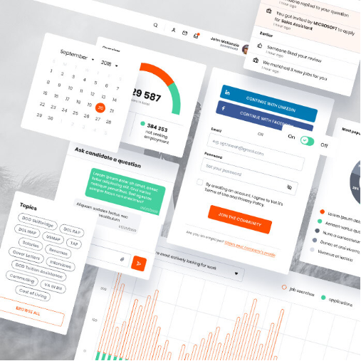klix_3 1 | Iterators Overlapping floating widgets and UI components, including a calendar, login form, analytics, notifications, topics selector, and a graph, all on a light surface with an abstract, modern style.