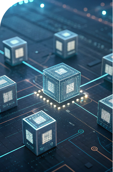 mask 1 | Iterators Digital illustration of glowing cube blocks interconnected on a circuit board, symbolizing blockchain, data networking or futuristic computing technology.