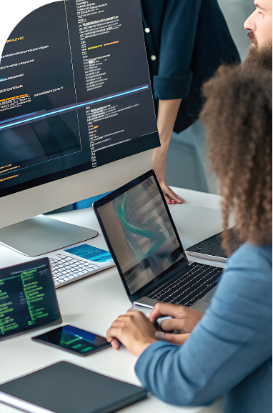 mask 11 | Iterators A group of people working together at a desk, with one person typing on a laptop and others nearby. Multiple screens display code and technical diagrams, suggesting a team engaged in software development or programming.