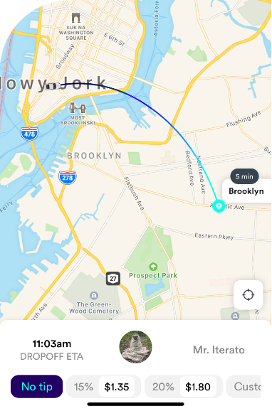 mask 13 | Iterators A ride-sharing or delivery app screen showing a map of Brooklyn, New York with a blue route line for a trip in progress. The bottom section displays the estimated drop-off time (11:03am), driver profile picture and name (Mr. Iterato), and tip options ranging from "No tip" to custom dollar amounts.