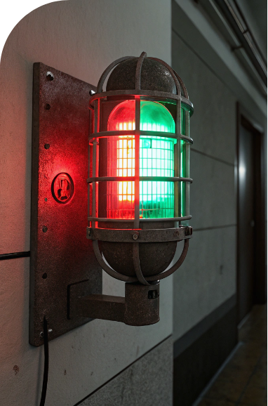 mask 3 | Iterators A caged industrial wall light in a hallway, glowing green and red, attached to a metal plate on a white and gray wall.