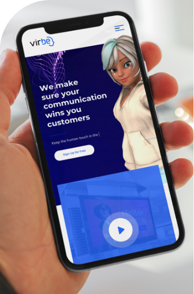 mask 8 | Iterators A hand holds a smartphone displaying the Virbe website, featuring a digital avatar and the text “We make sure your communication wins you customers” on a blue and white interface.