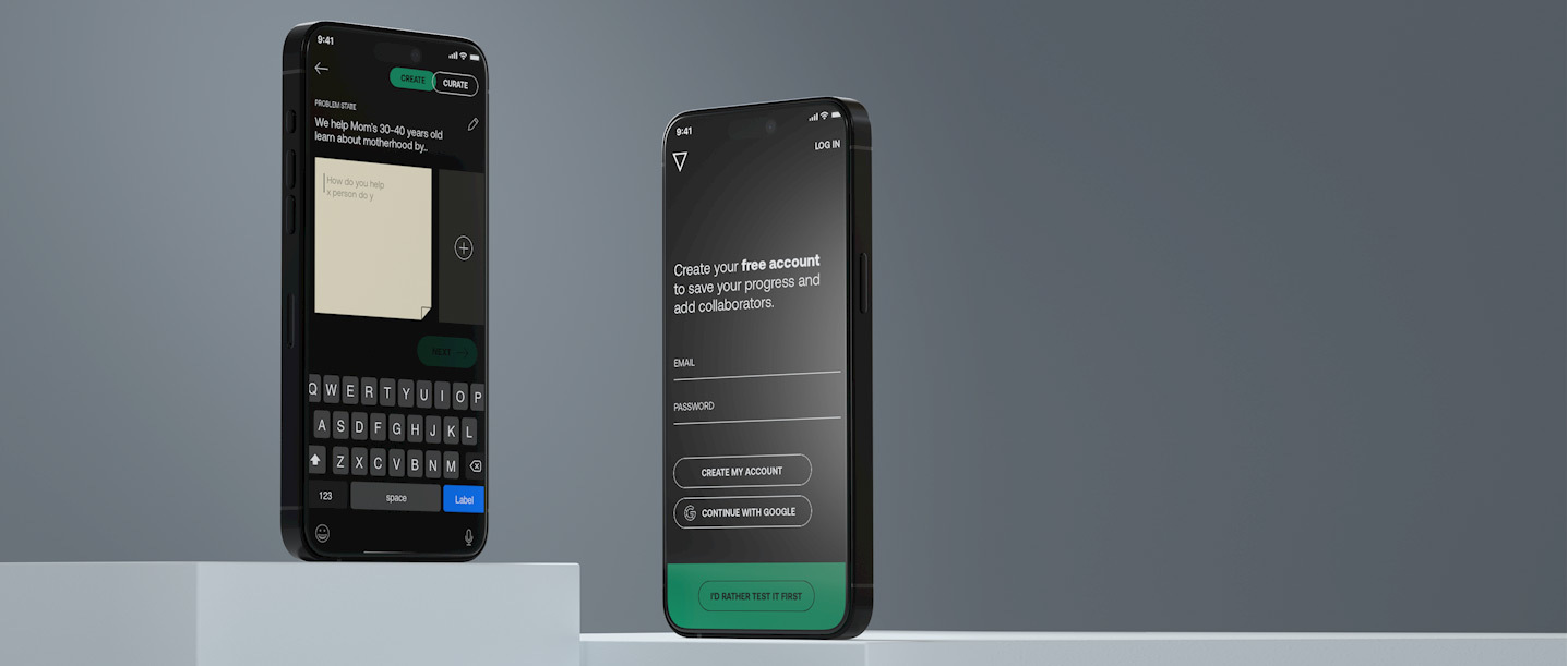 Two smartphones displayed on a minimal background: the left screen shows a text input app helping users articulate a problem statement, while the right screen shows a registration form prompting users to sign up or log in.