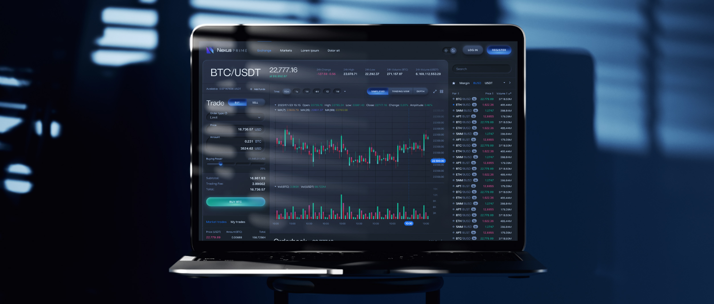 A laptop displaying a dark-themed cryptocurrency trading interface for BTC/USDT (Bitcoin and Tether), with charts, price details, current trends, and trading options.