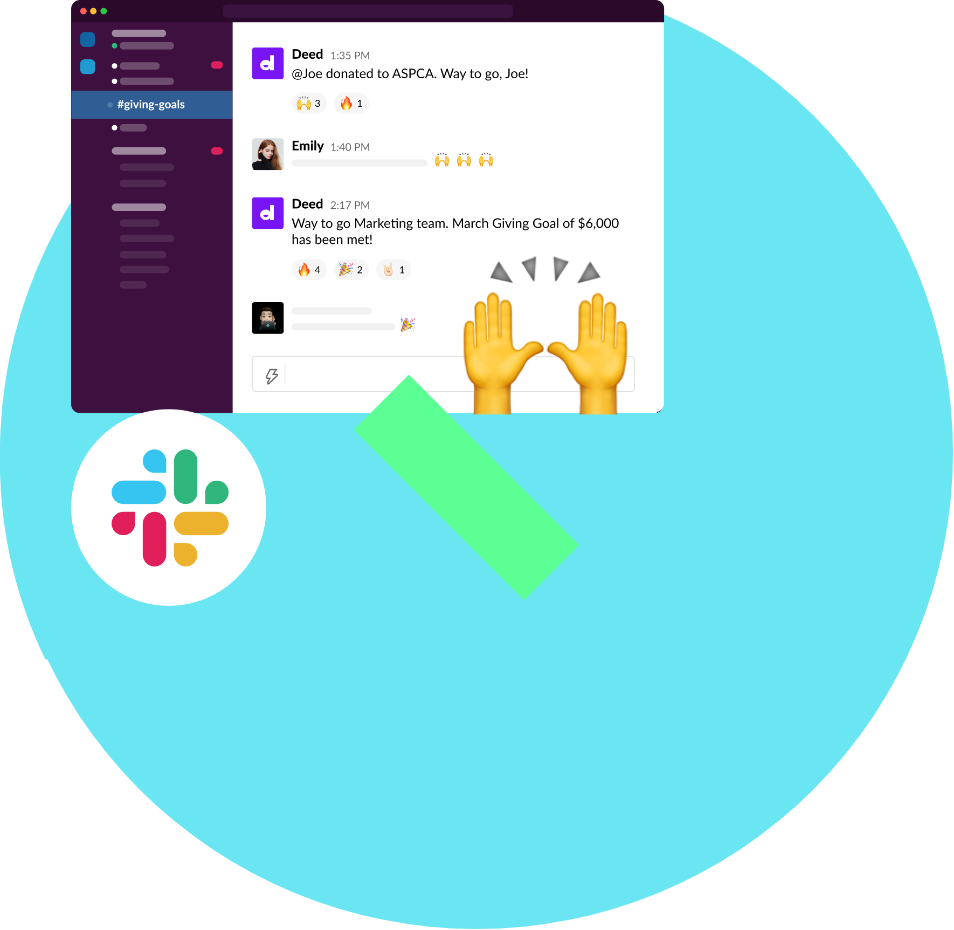 Illustration of a Slack workspace on the #giving-goals channel, showing congratulatory messages about donations and a fundraising goal being met, with emoji reactions and a large