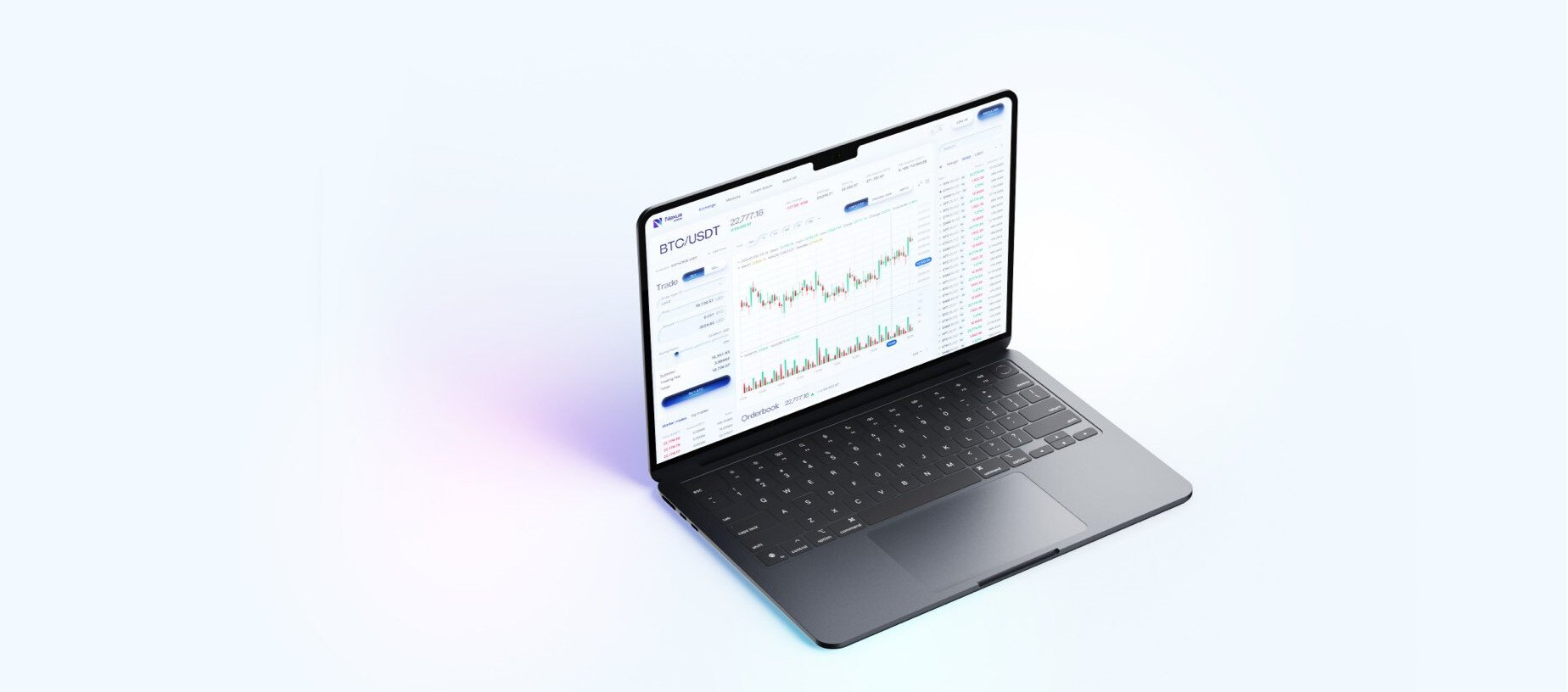 Open laptop on a light background displaying a cryptocurrency trading platform with Bitcoin trading charts and data.