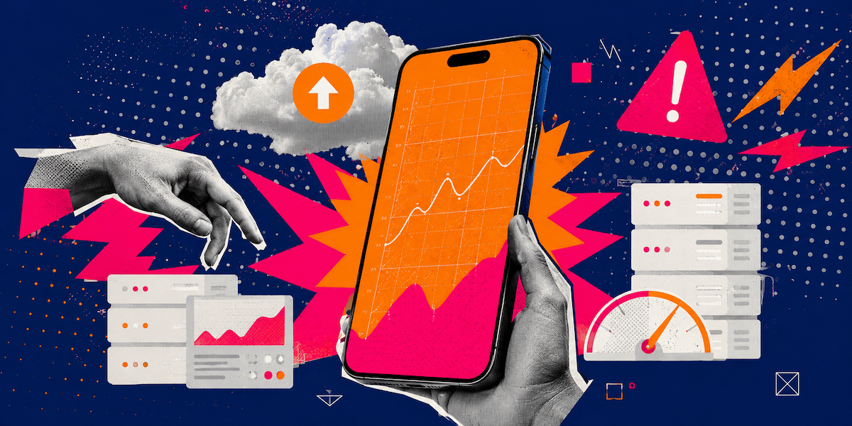 Illustrated collage of a mobile app under heavy traffic load, showing a smartphone dashboard, cloud infrastructure, servers, performance graphs, and warning icons in a bold pop-art tech style.