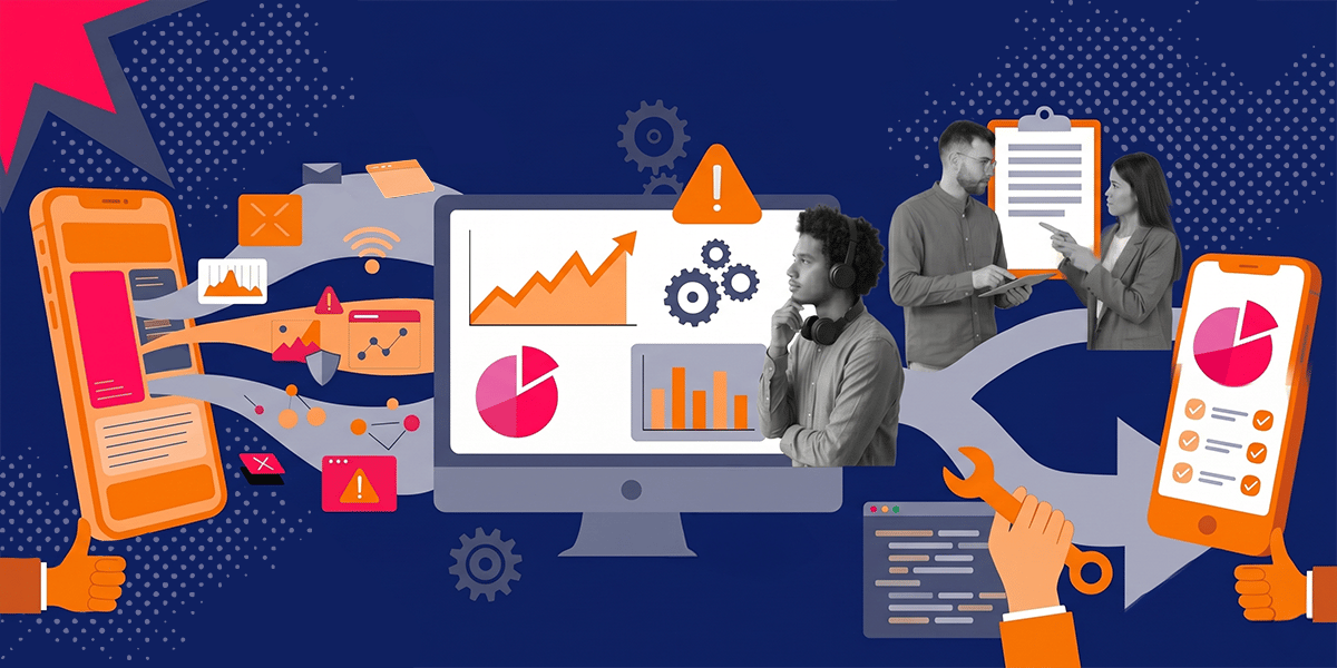 Team collaborating around a large monitor displaying charts and graphs.