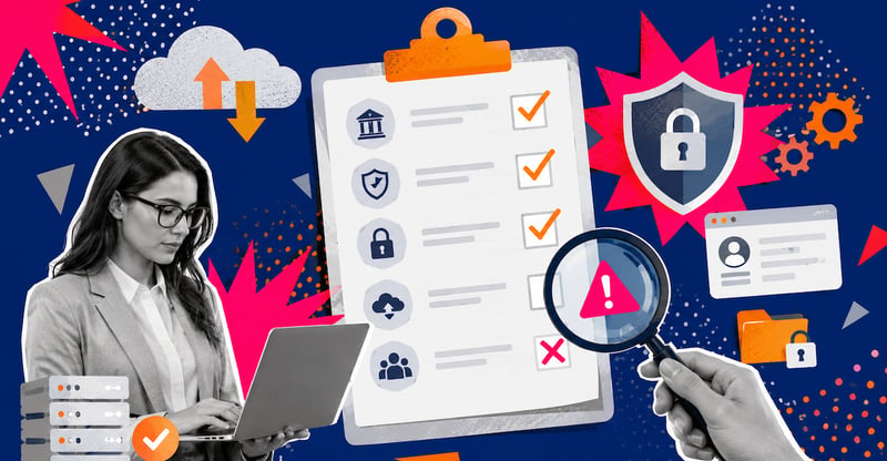 Businesswoman with a laptop reviewing a security checklist on a clipboard with a magnifying-glass highlight on an alert icon