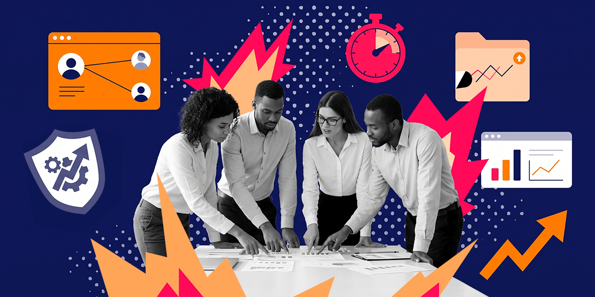Four professionals collaborate over documents on a table, with abstract growth icons around them on a blue background.