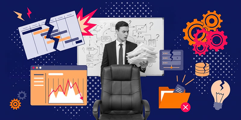 Businessperson in a suit overwhelmed by a stack of papers, surrounded by charts, graphs and gears on a dark blue background.