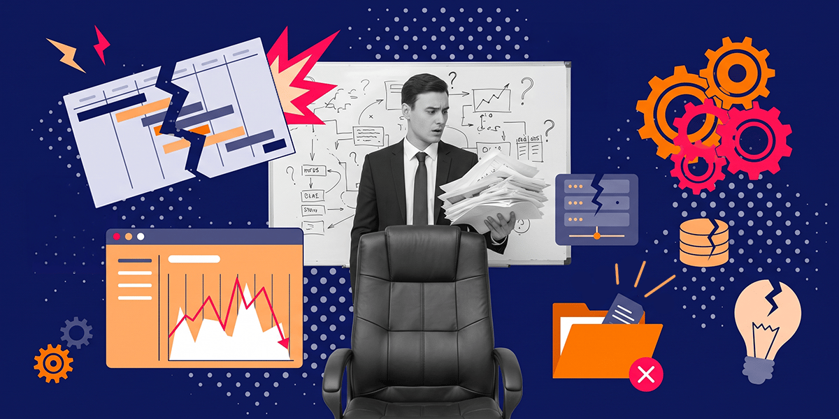 Businessperson in a suit overwhelmed by a stack of papers, surrounded by charts, graphs and gears on a dark blue background.