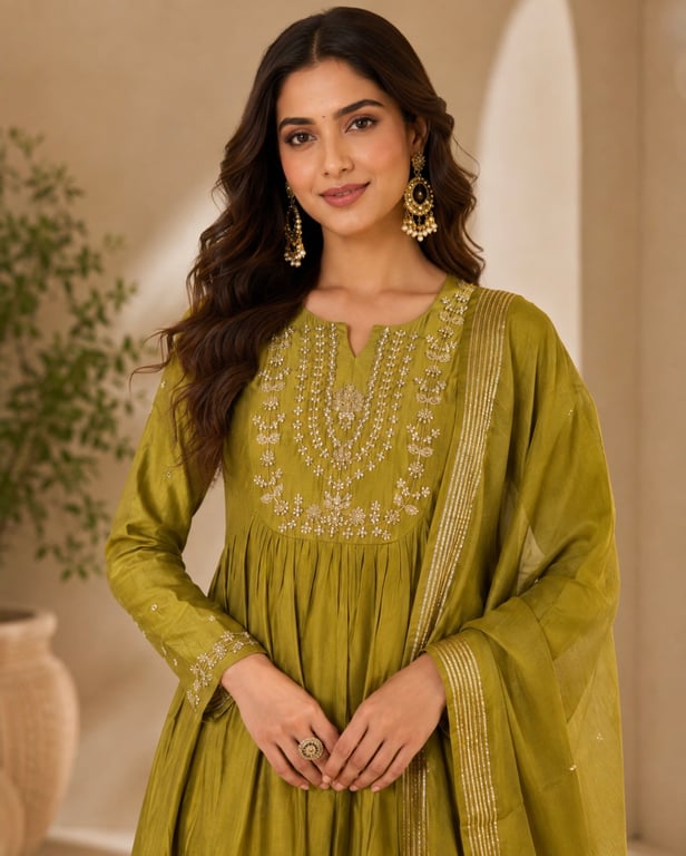 Olive Zari Embroidered Anarkali Set thumbnail 3